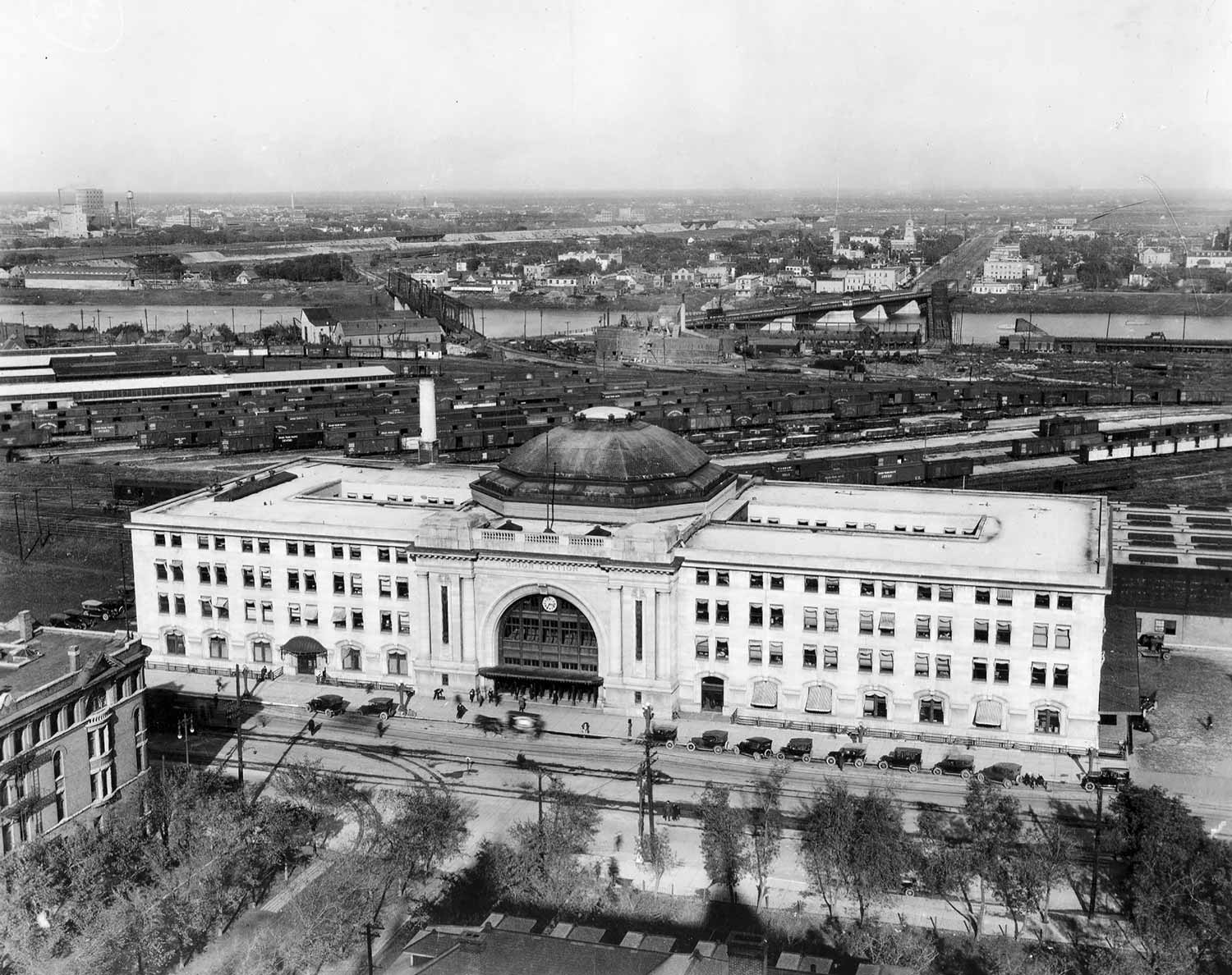 An aerial photo of Union Station. Behind the building are the East Yards.