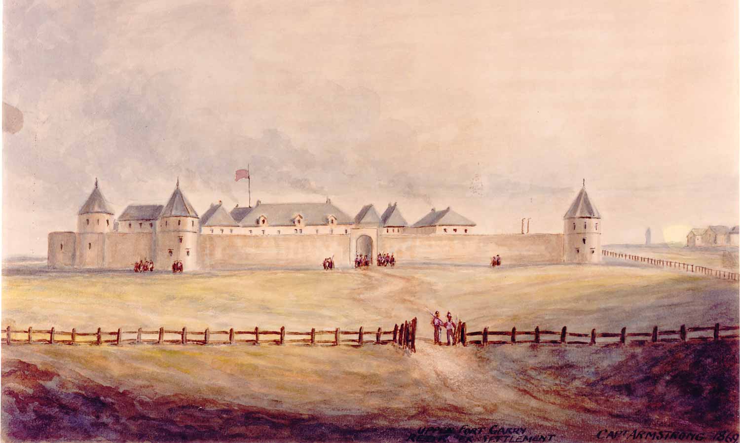 Watercolour painting showing a walled fort with a few buildings next to a river. The road in goes through a fence, which is open with a few people standing at the gate.