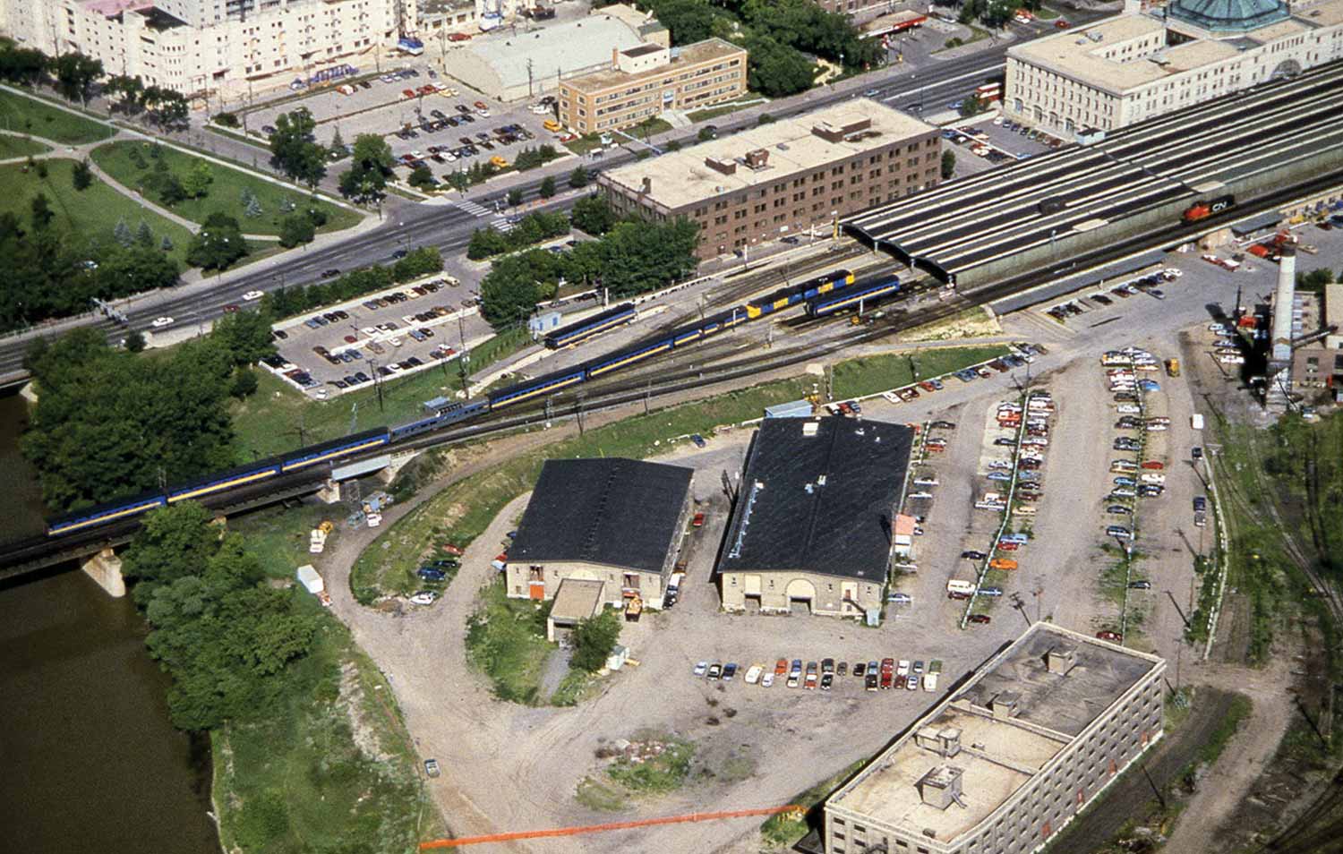 An aerial view of the old buildings at the Forks Market in 1989