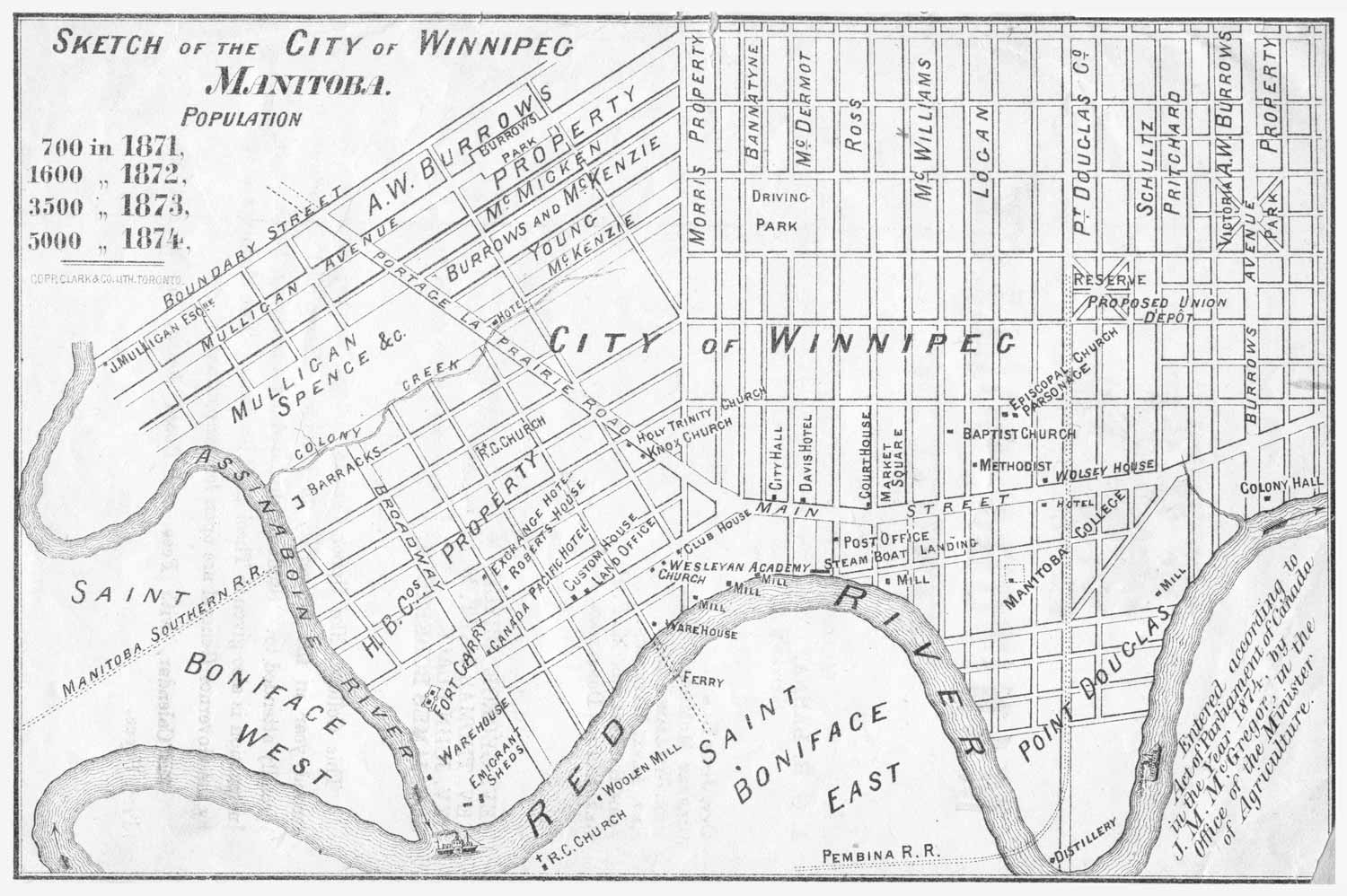 A pencil-drawn map of Winnipeg in 1874, focusing on St. Boniface, downtown, and Point Douglas areas.