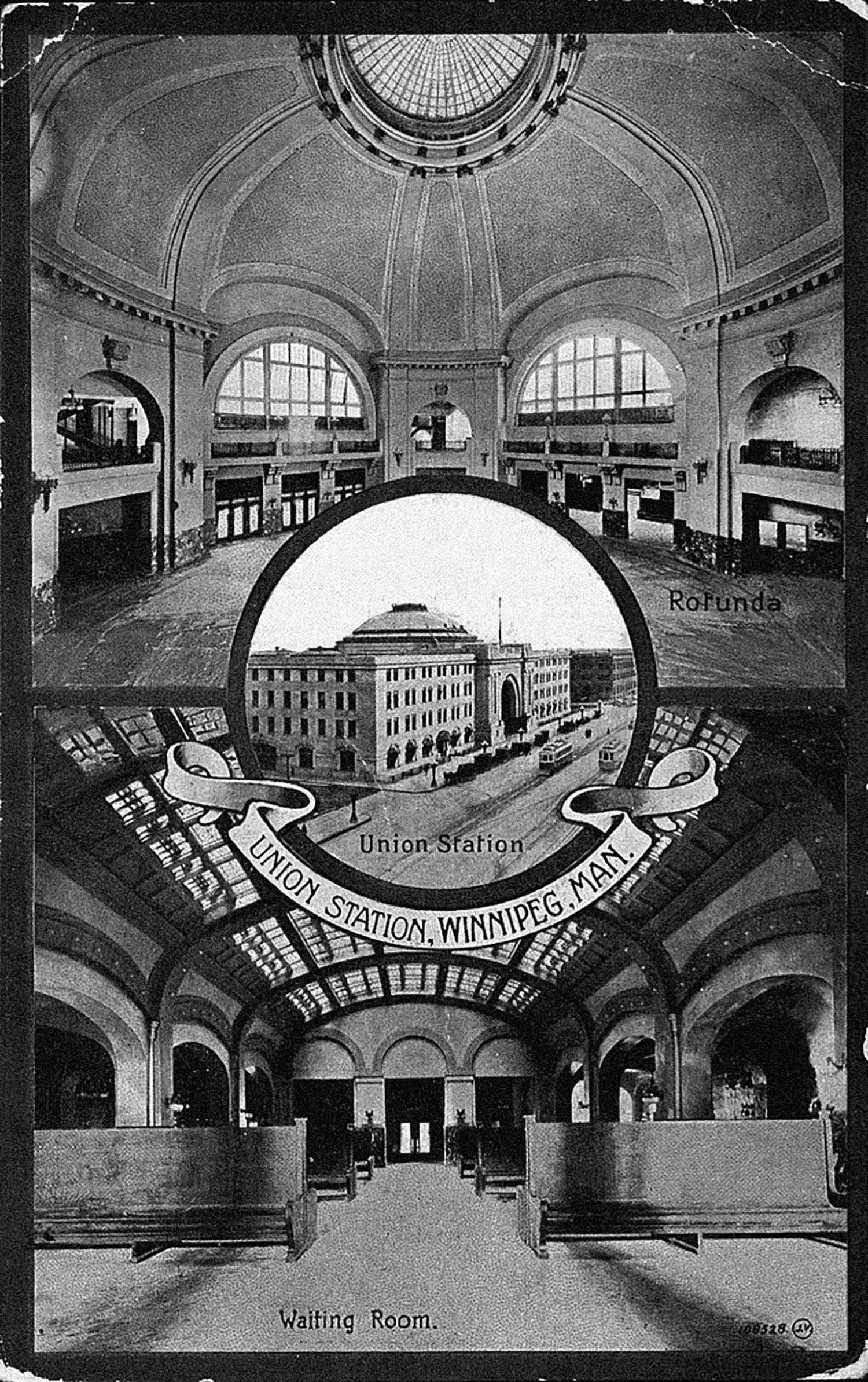 A black and white postcard showing three views of Union Station. Two interior views of the rotunda and waiting room show grand ceilings and arches, and a smaller circle in the center shows the exterior.