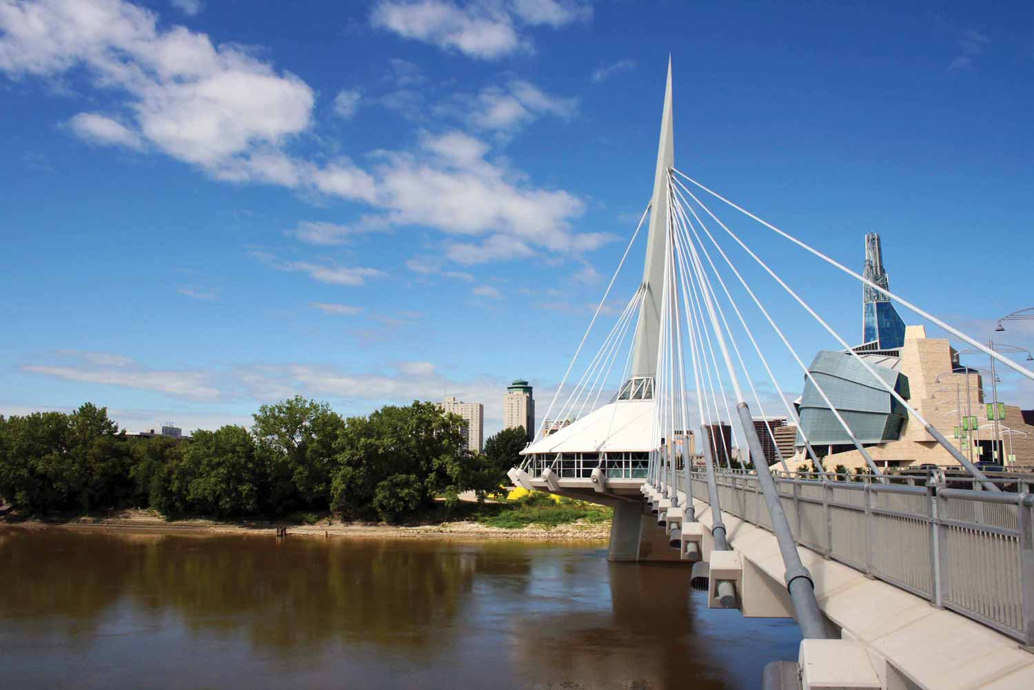 The Esplanade Riel next to the Red River on a sunny summer day