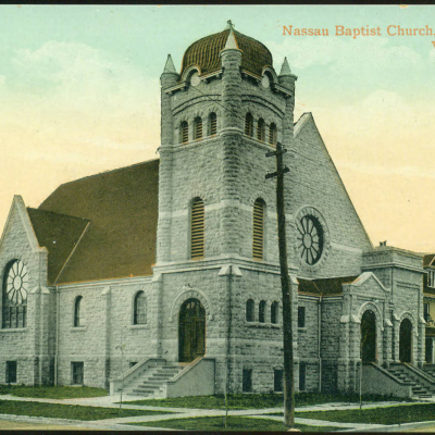 Image of illustrated postcard of Trinity Baptist Church at 549 Gertrude Avenue
