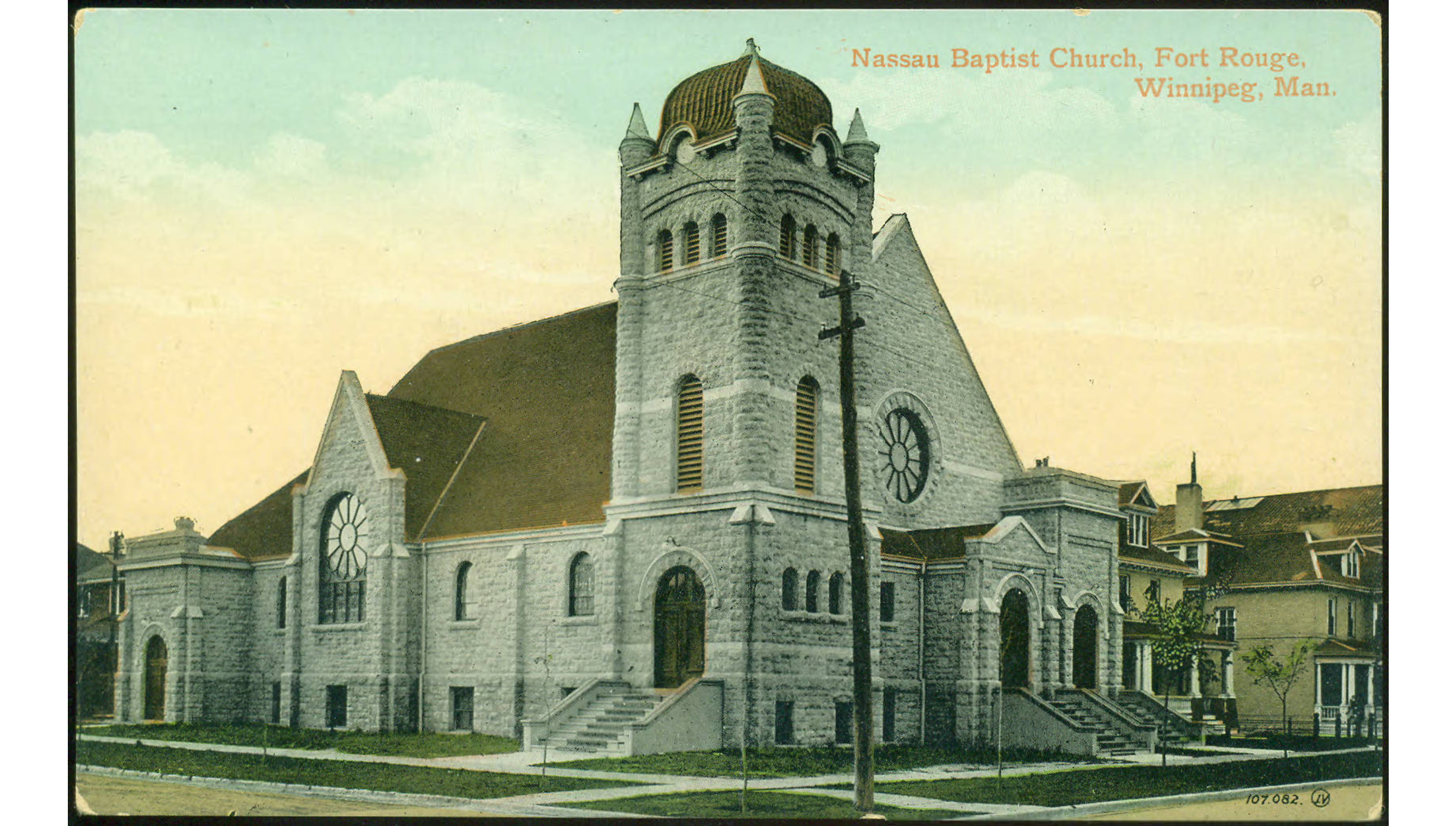 Image of illustrated postcard of Trinity Baptist Church at 549 Gertrude Avenue