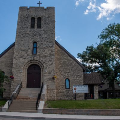 Photo of front entry way to Holy Cross Roman Catholic Church at 252 Dubuc Street