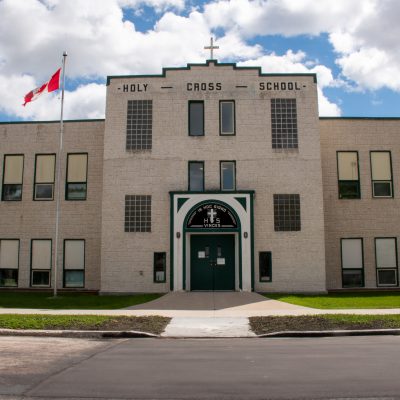 Photo of the front entry to Holy Cross School at 300 Dubuc Street
