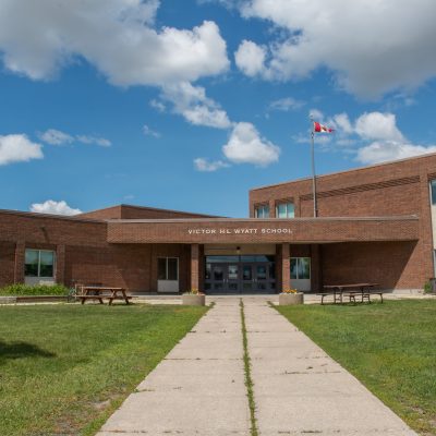 Photo of the front entrance to Victor H.L. Wyatt School at 485 Meadowood Drive