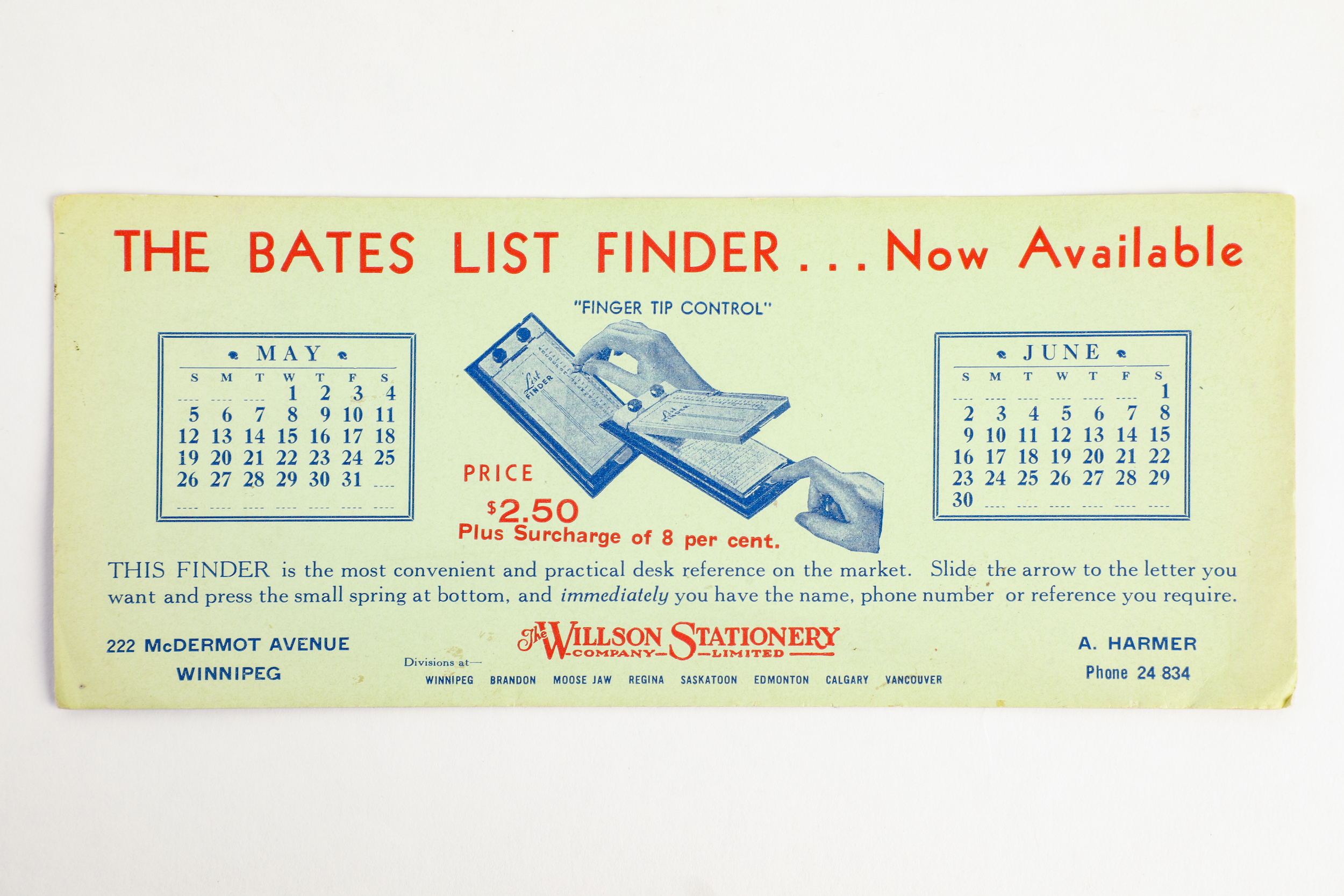 Advertisement for the Bates List Finder sold by Willson Stationary, formerly located at 222 McDermot Avenue