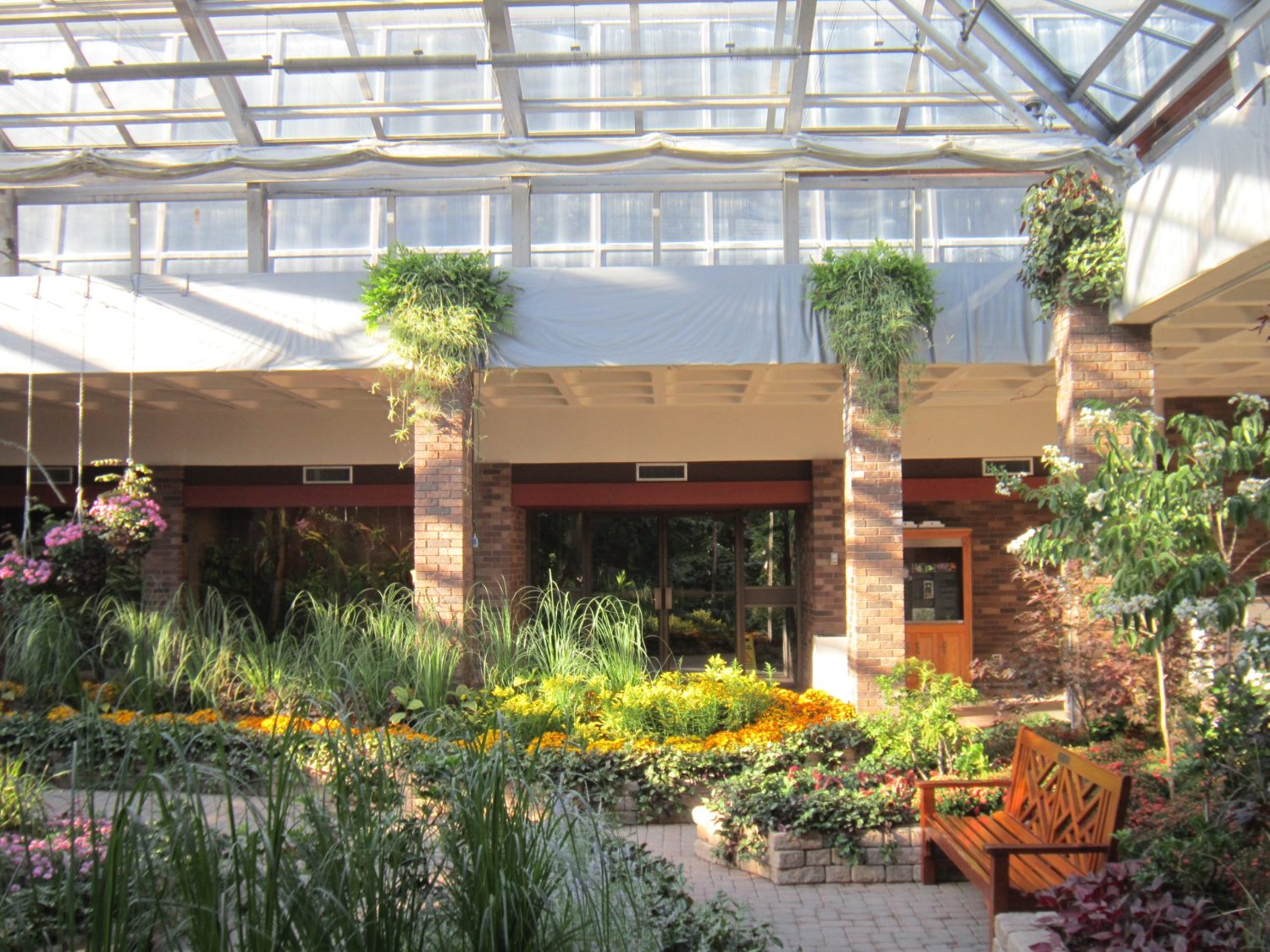 Image shows a brightly lit interior space with a skylight and lush vegetation. There are brick columns throughout.
