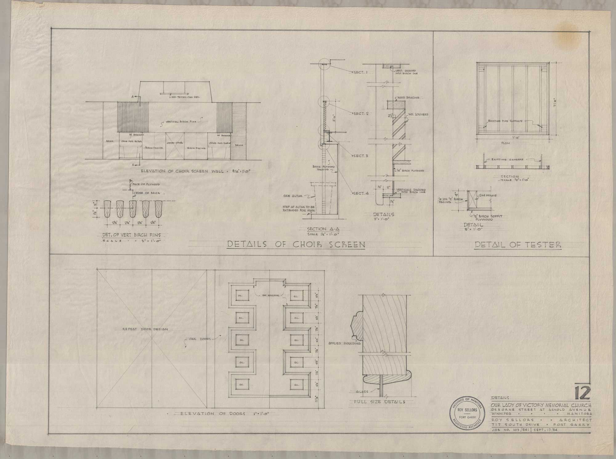 Image shows drawings of choir screen, tester, and doorway for Our Lady of Victory Church.