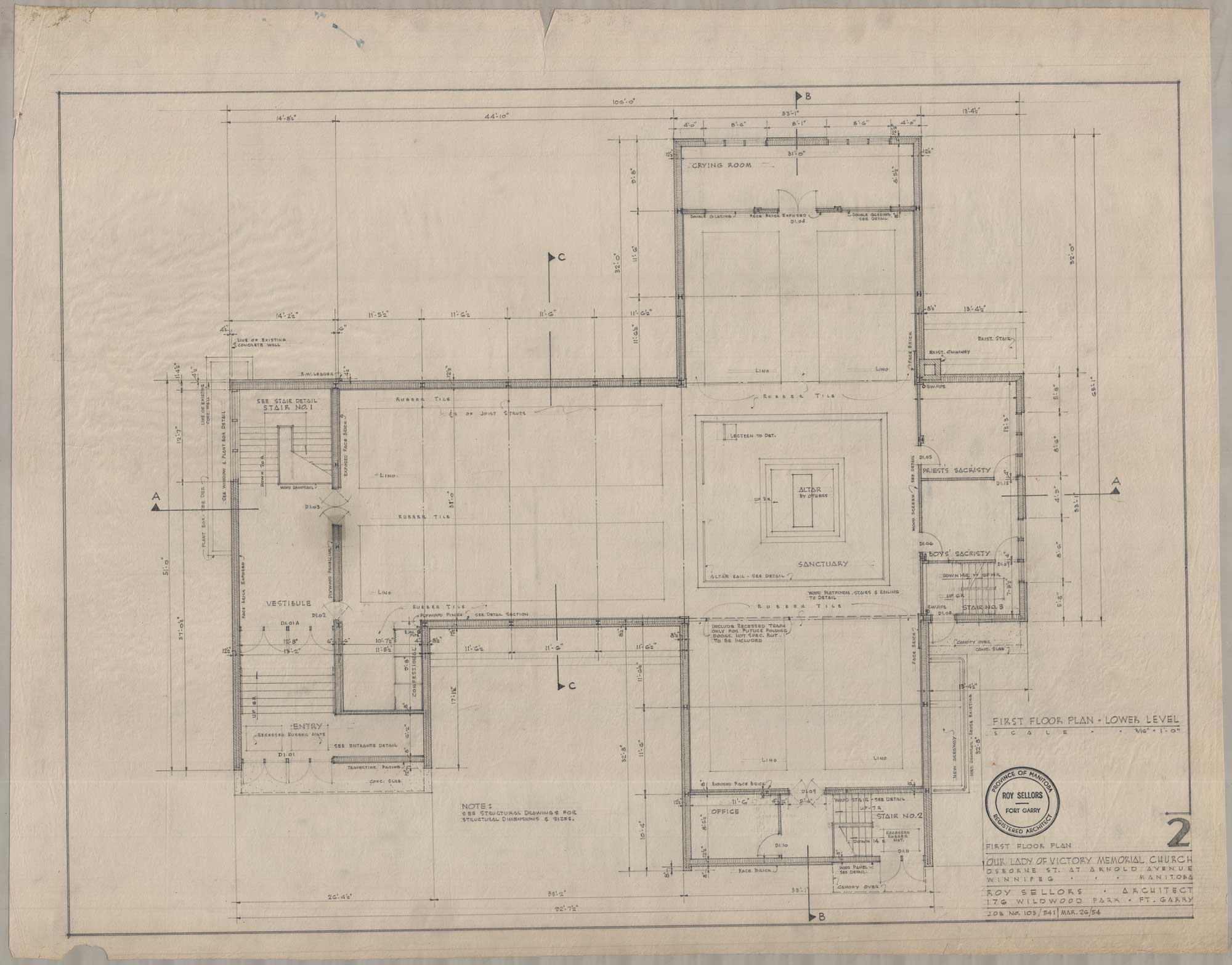The image shows a drawing of the main floorplan for Our Lady of Victory Church.