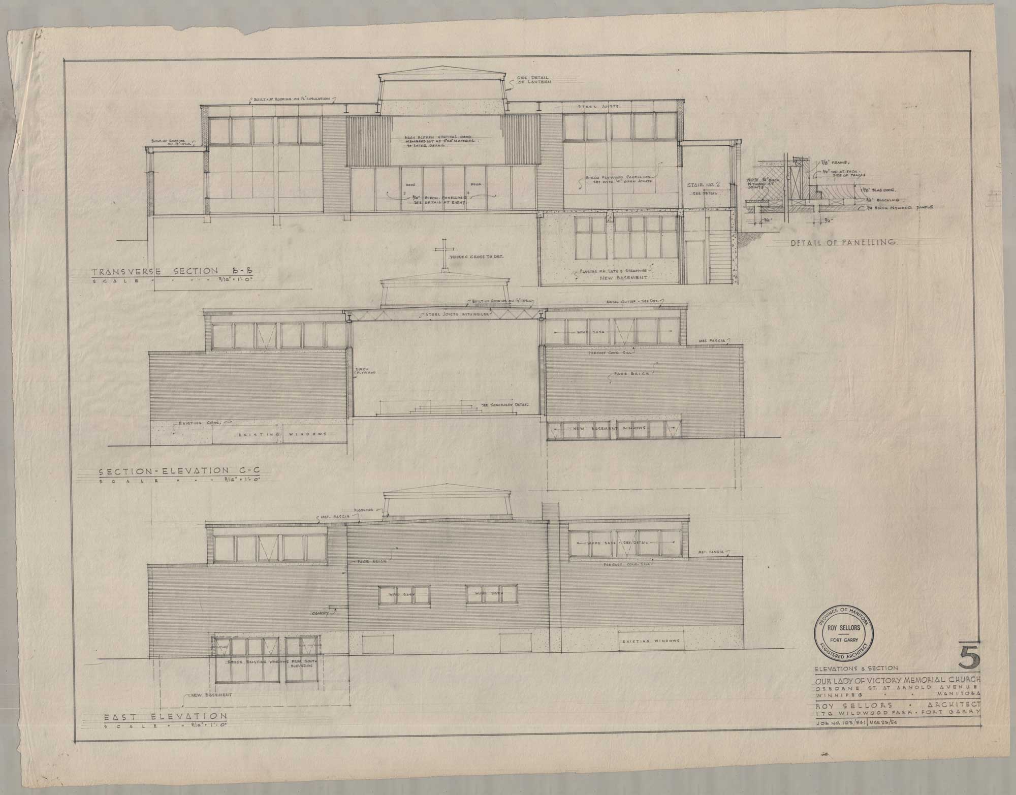 Image shows three sets of elevation drawings for Our Lady of Victory Church. The drawings showcase the windows and the wood panelling.