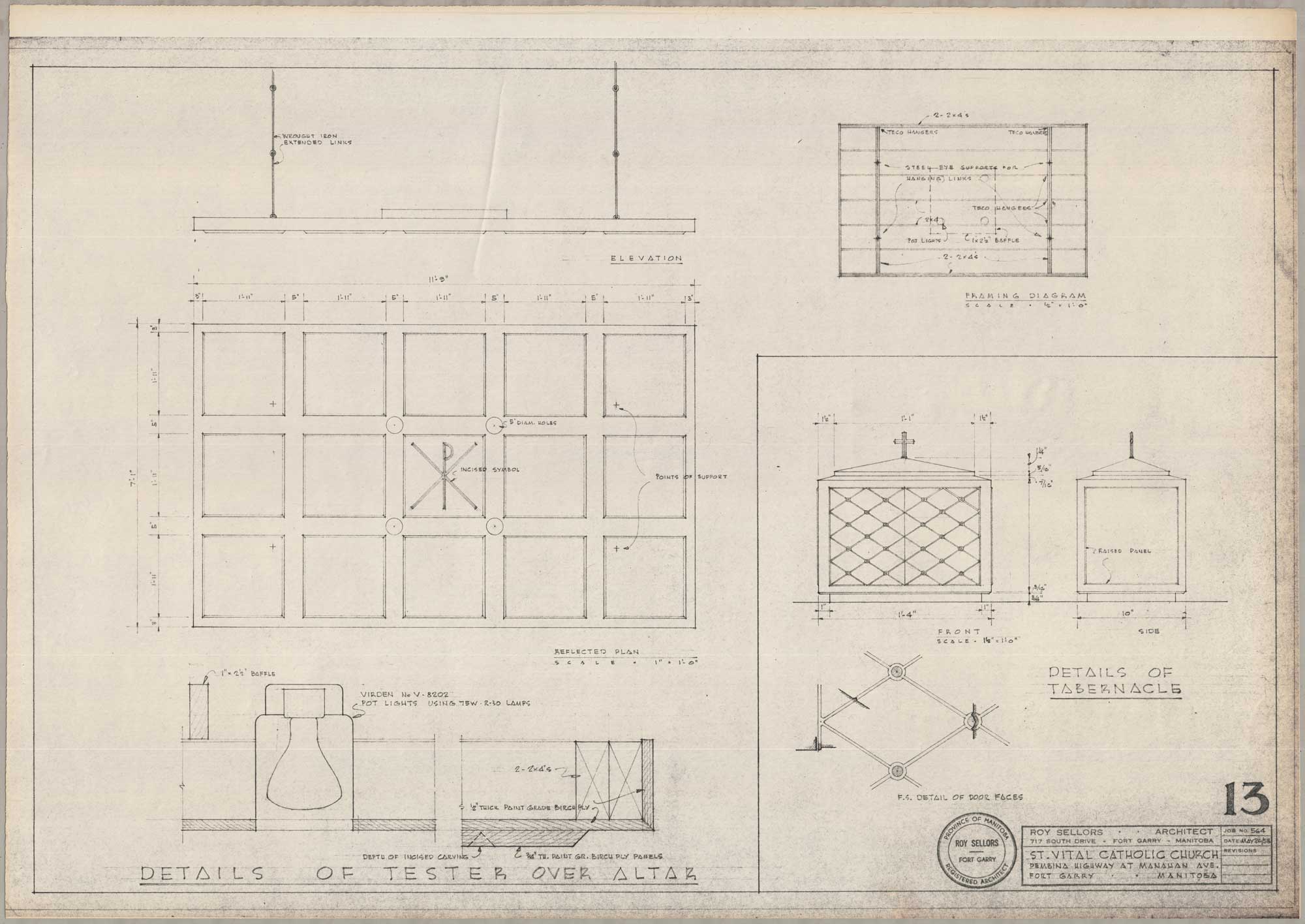 Image shows drawings of the tester over the altar and the details of the tabernacle for St. Vital Church. The sketches are simple, and show the front and sides of the altar and the tabernacle.