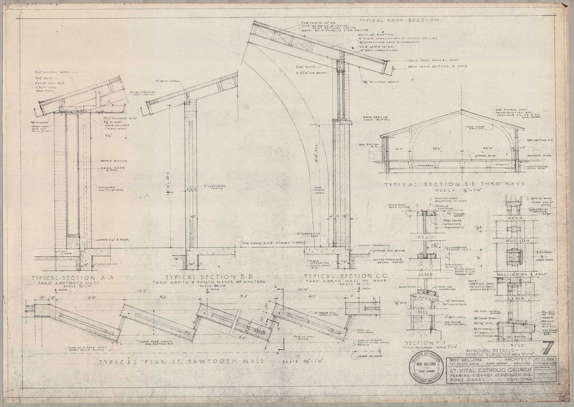 Image shows drawings of the arches over the hall and nave, the sawtooth wall, and window details for St. Vital Church.