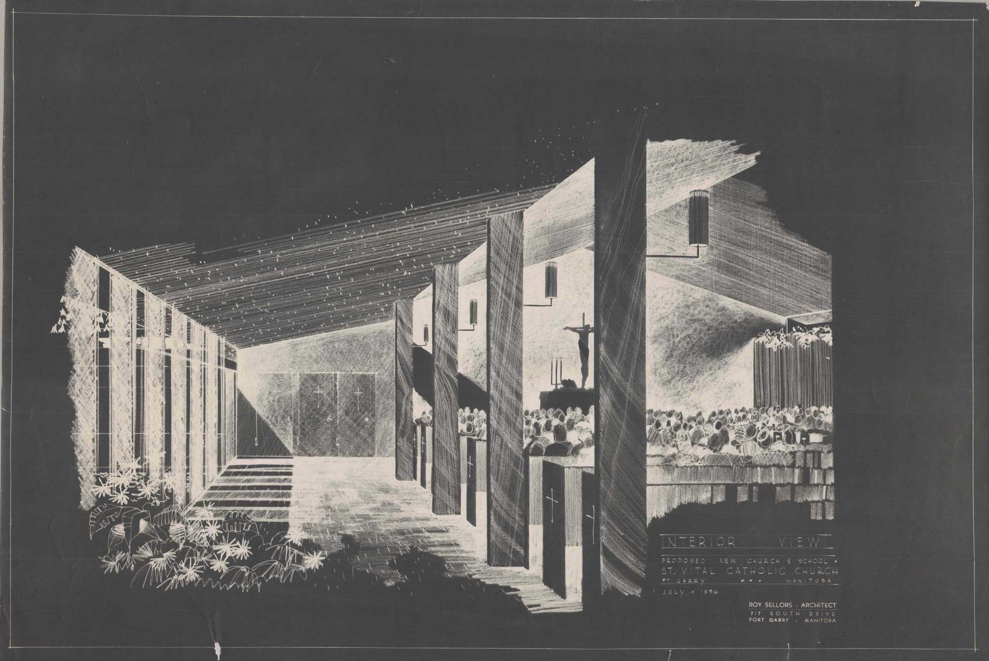 Image shows a black and white drawing of the interior of St. Vital Church. It shows the columns, pews, and the light streaming into the hall.