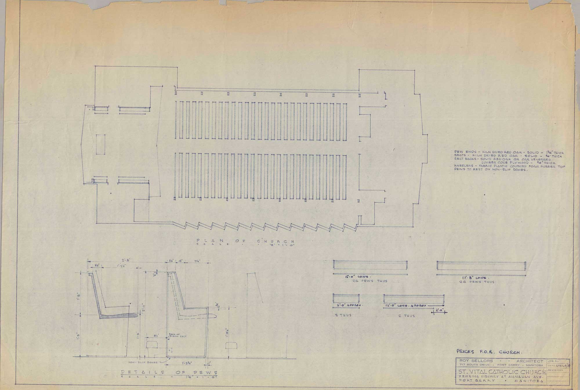 Image shows a drawing of St. Vital Church's main floor plan. On the lower lefthand corner, there are profile sketches of pews.