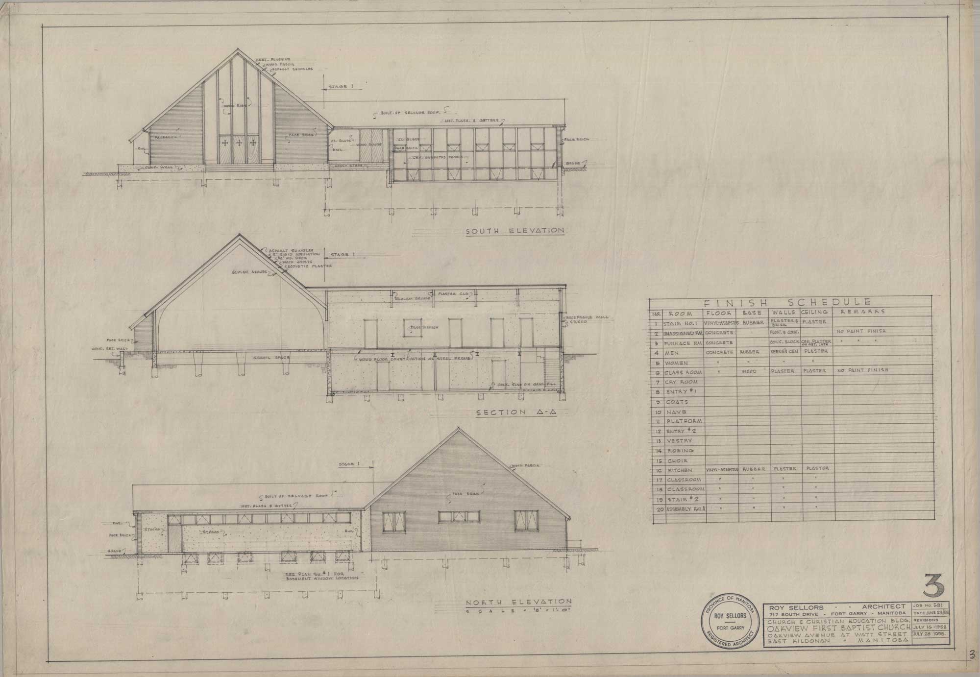 Image shows three drawings of elevations for Cornerstone Baptist Church.