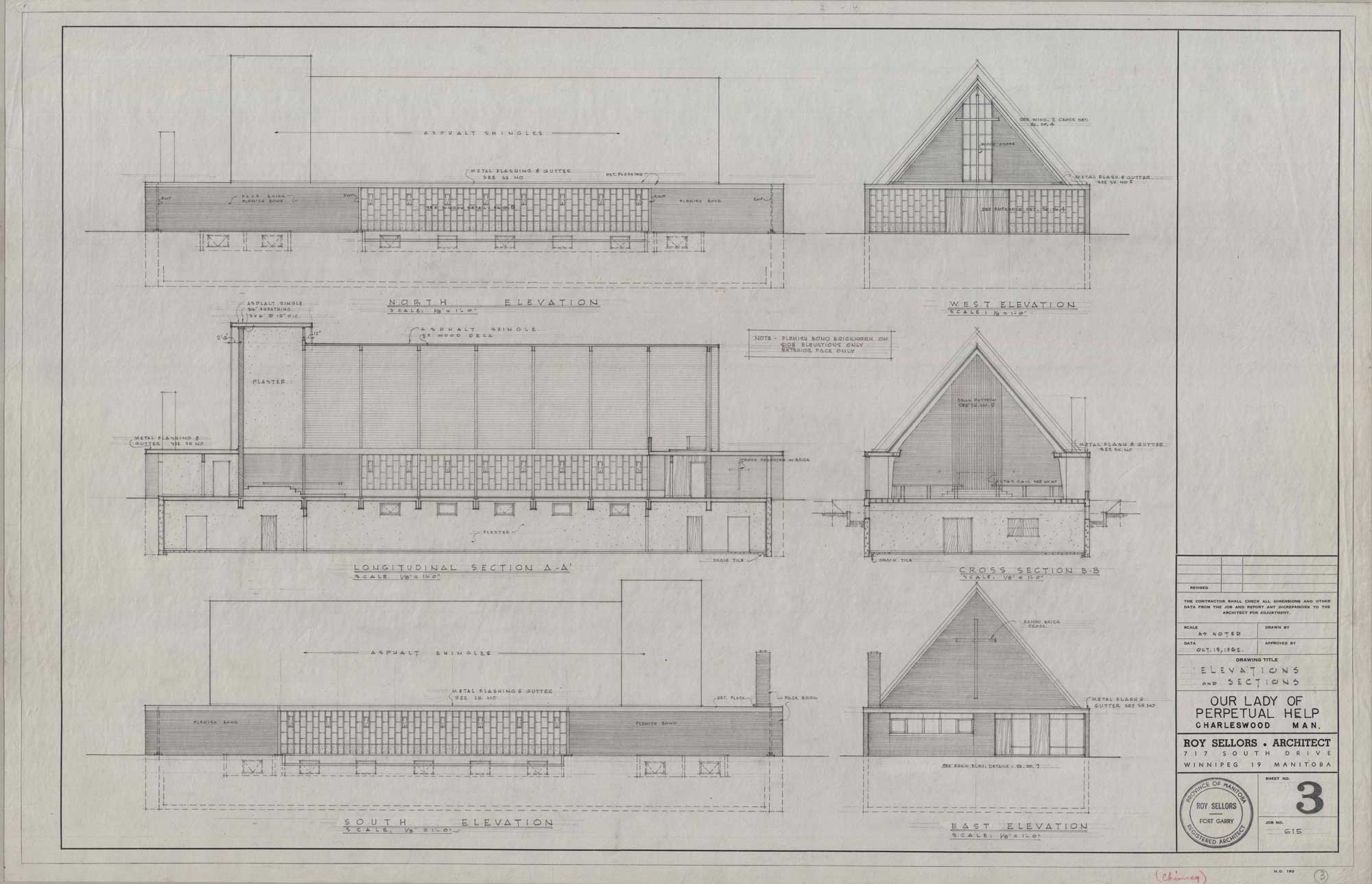 Image shows drawings of the north, west, east, and south elevation. The sketch shows the interior of the nave.