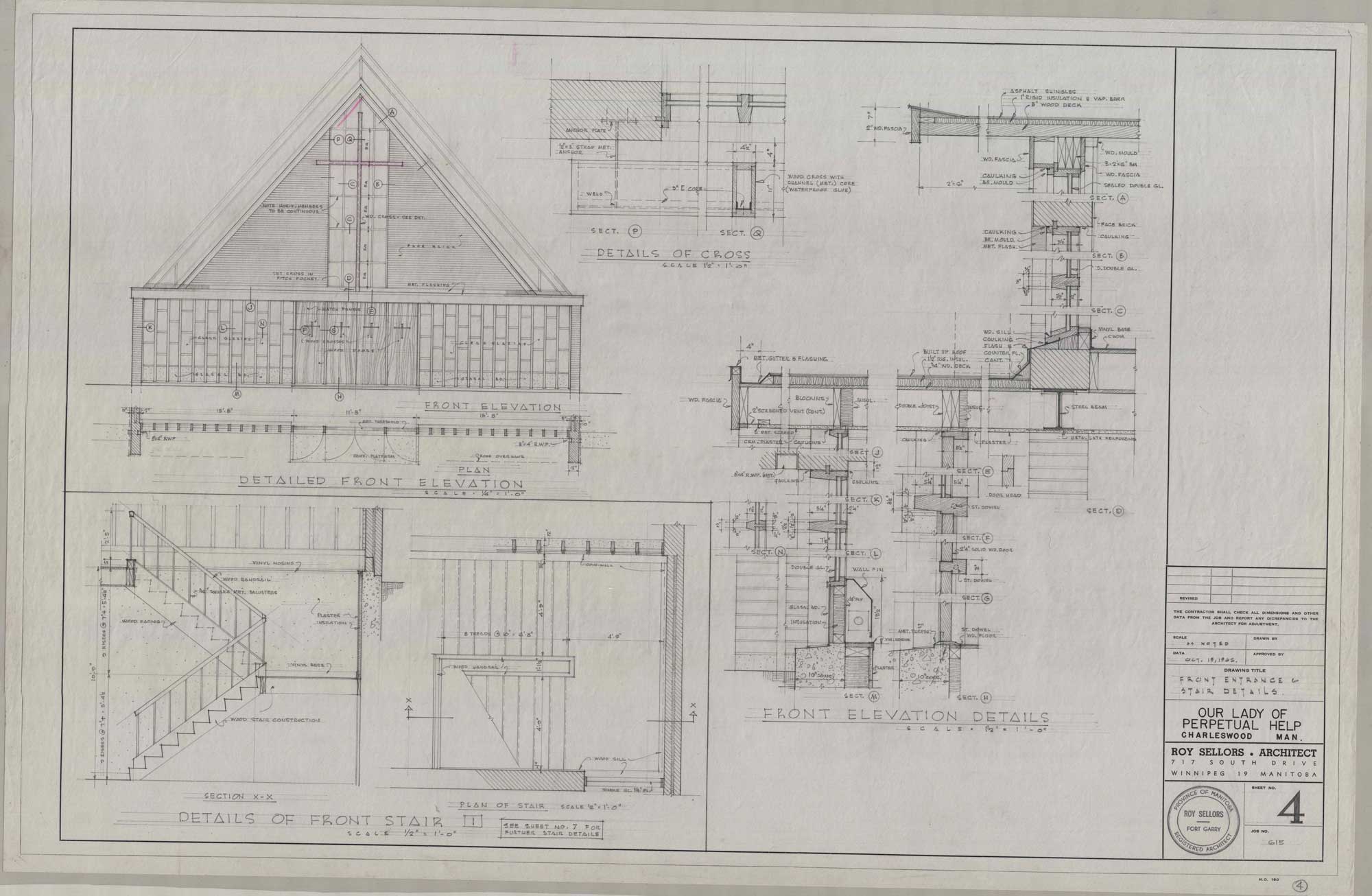 Image shows detailed sketches of the front elevation and the front staircase.