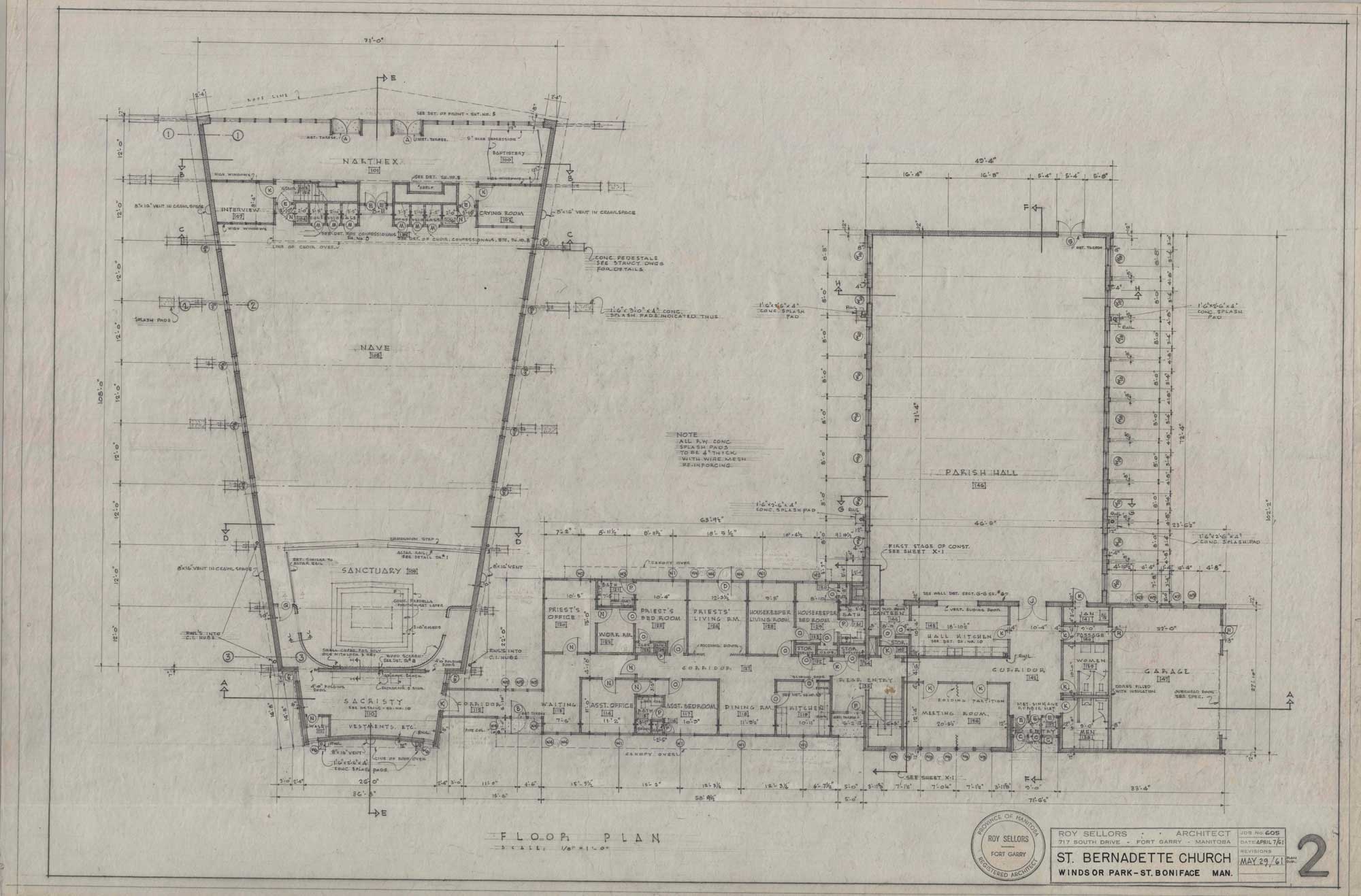 Image shows drawing of the main floor plan for St. Bernadette Church. The drawing shows the nave and the parish hall, as well as technical details.
