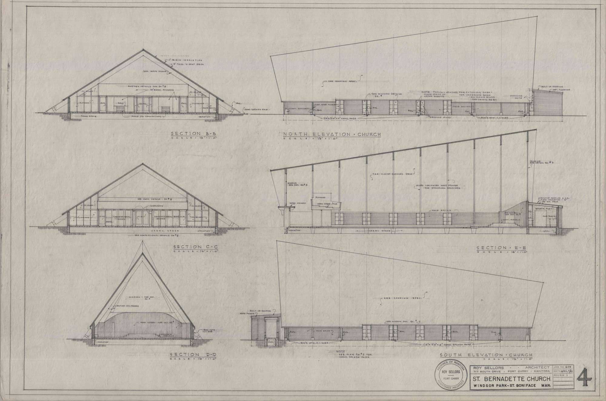 Image shows drawings of the north and south elevations for St. Bernadette Church. It shows the interior of the north and south sides of the church.
