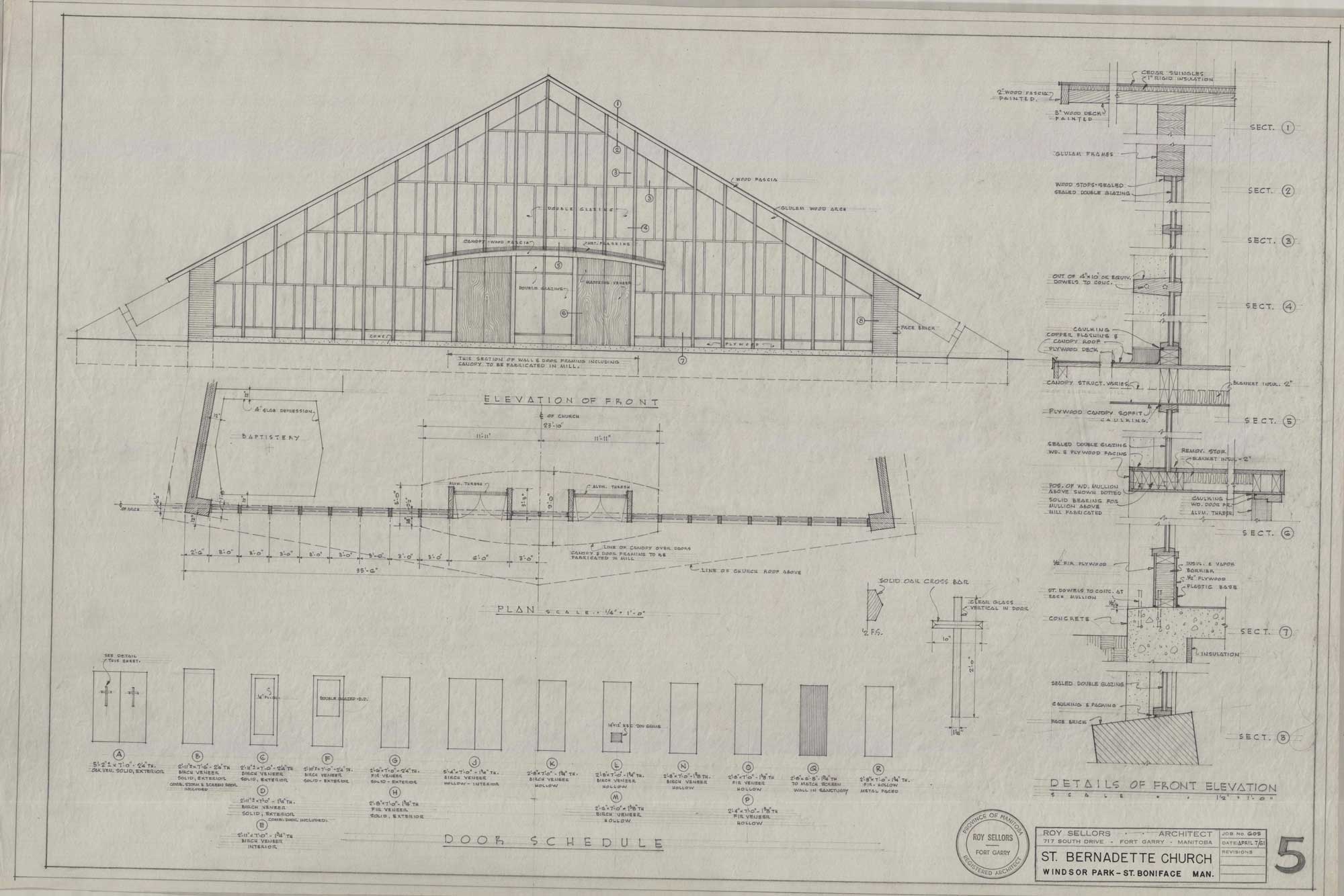 Image shows the drawing of the front elevation for St. Bernadette Church.