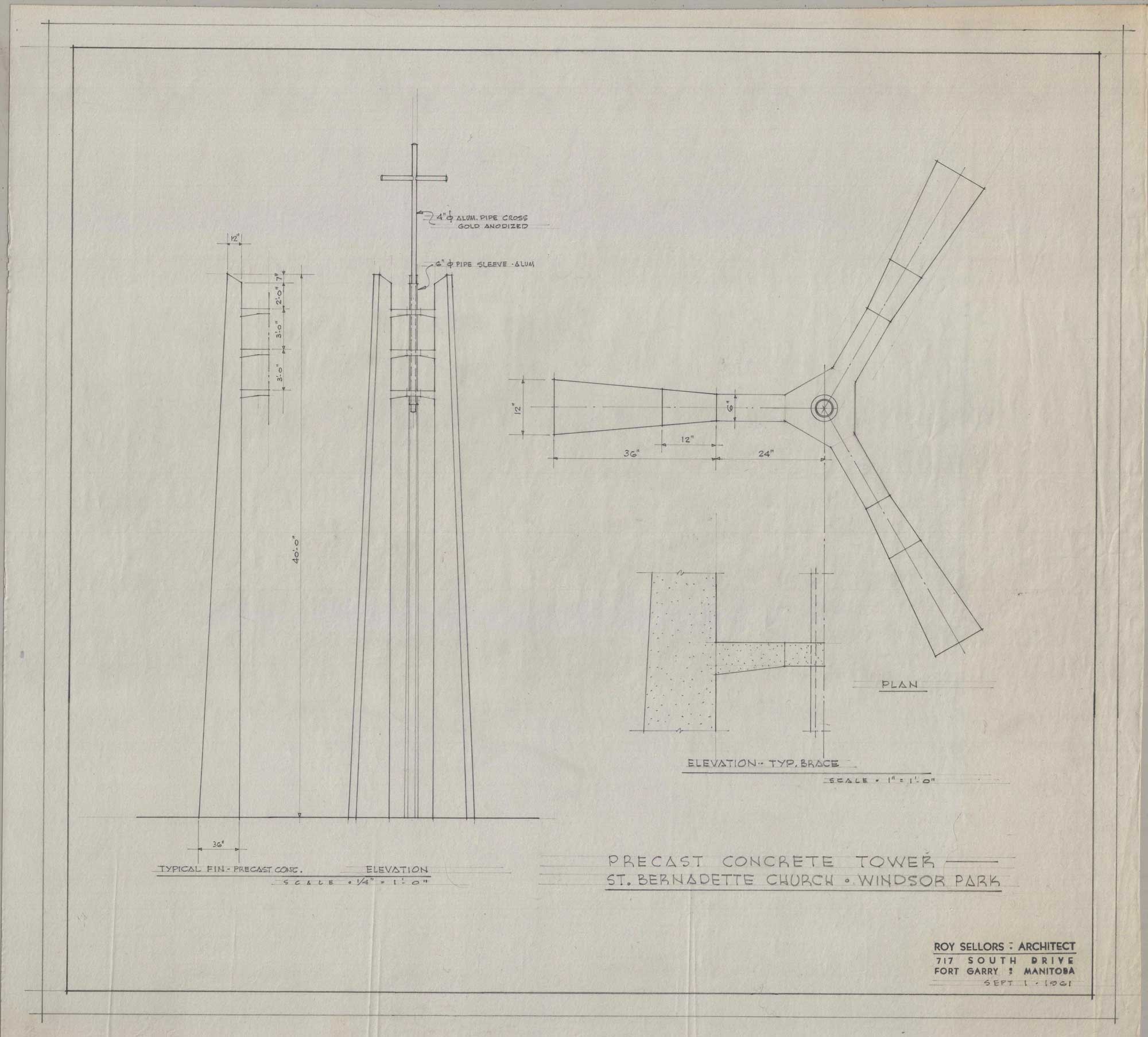 Image shows drawing of St. Bernadette Church's precast concrete tower. A minimalist cross is suspended on concrete beams.