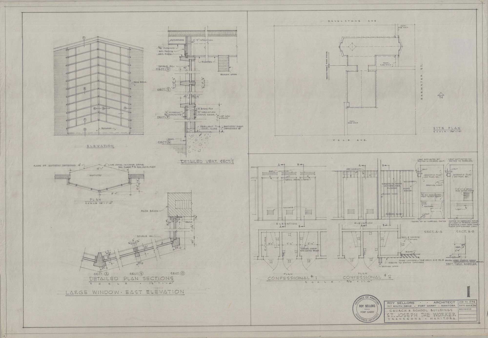 Image shows detailed drawings of east elevation, site plan, and confessional for St. Joseph the Worker.