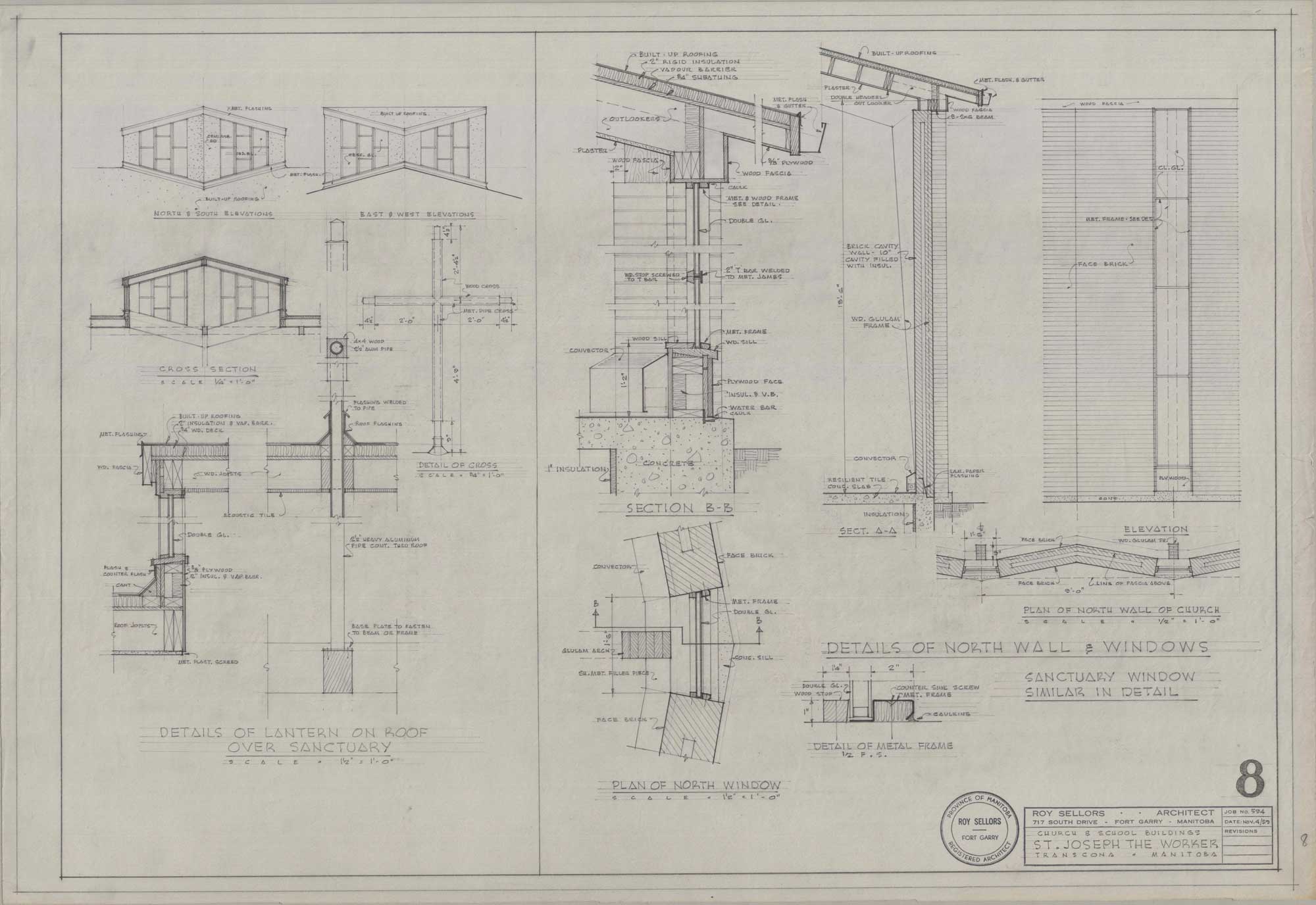 Image shows drawings of details of the lantern on the roof over the sanctuary, the plan of the north window, and the details of the north wall and windows for St. Joseph the Worker Church.