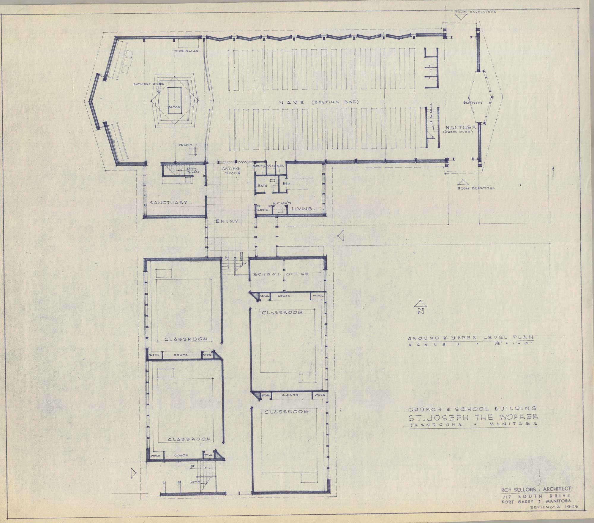 Image shows drawing for the ground and upper level plan for St. Joseph the Worker Church.