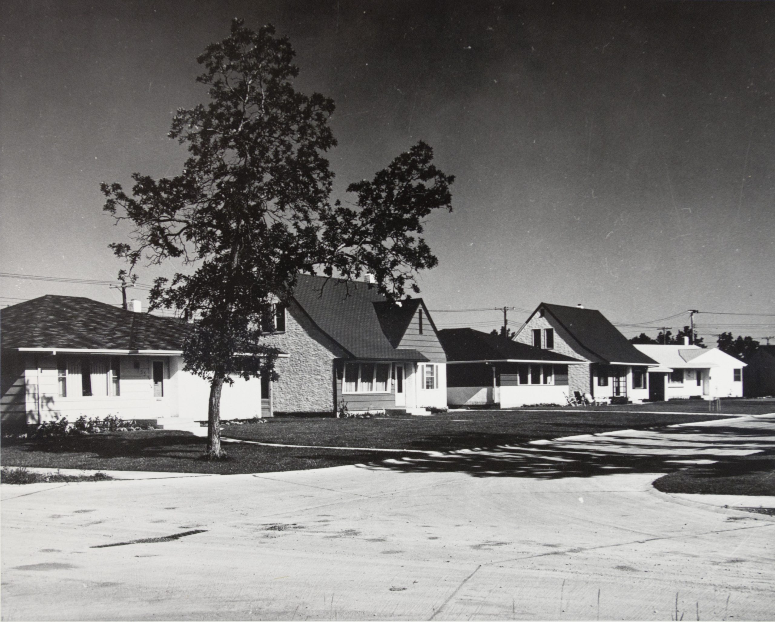 Image shows a row of finished black and white homes.