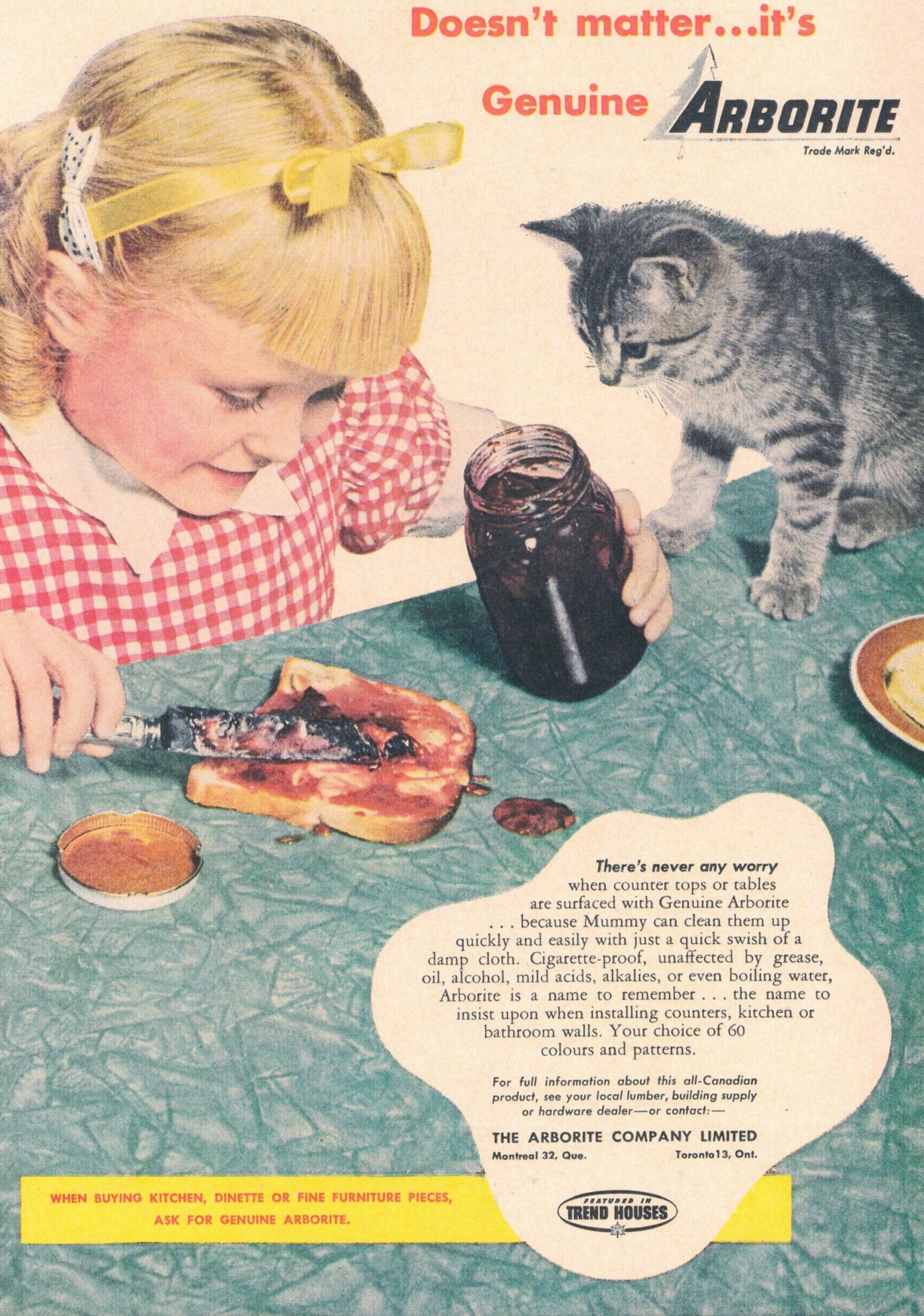 Image shows a vintage advertisement for Arborite. A young girl is putting jam on toast while a cat watches. Some jam has fallen on the counter.