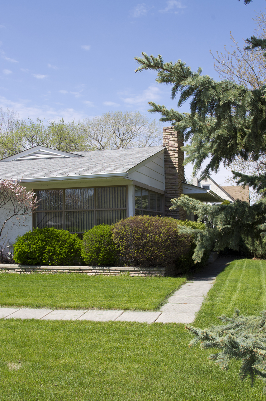 Image shows the exterior of a one-storey home, with large windows peaking from bushes.