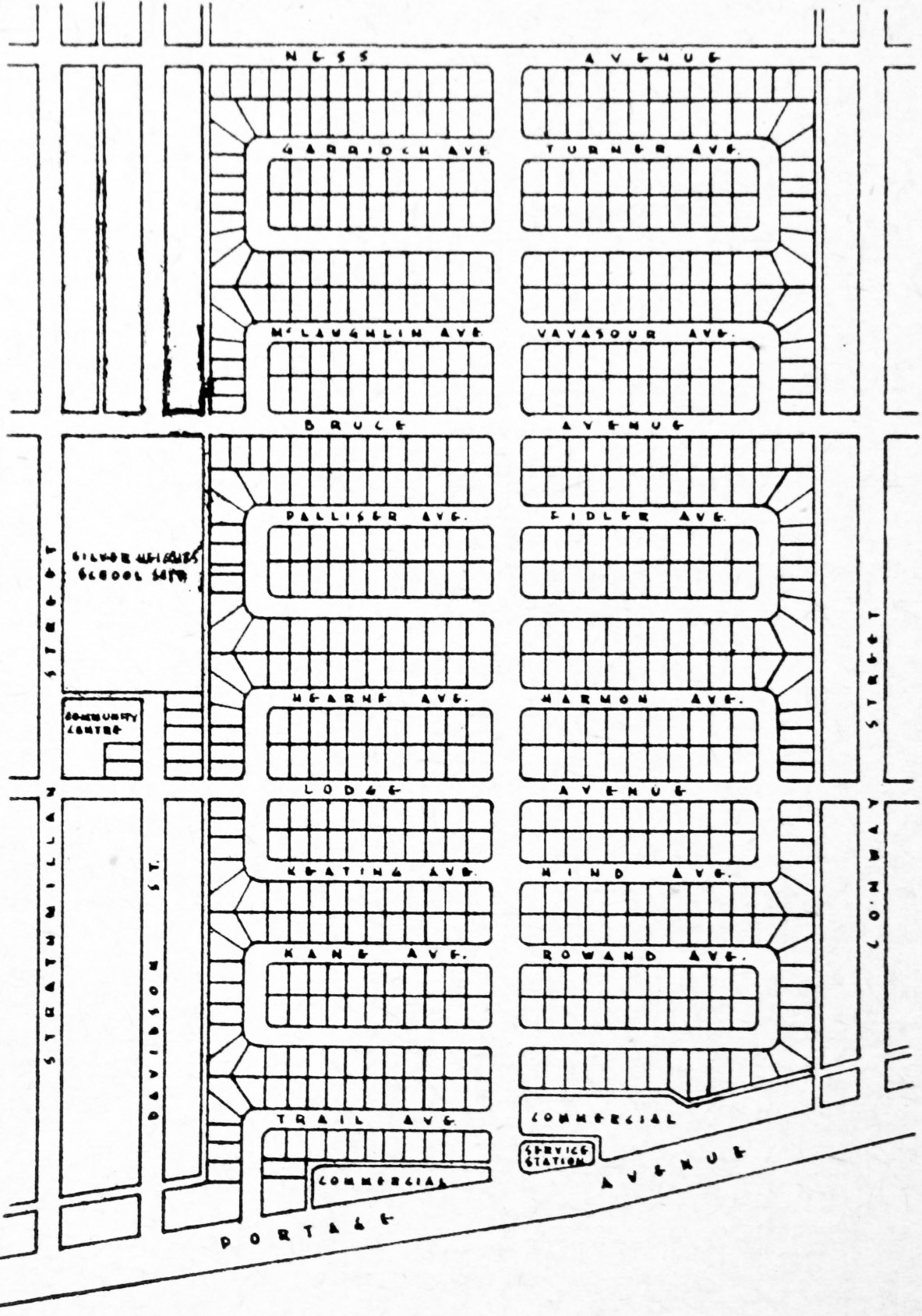 Image shows a bird's eye perspective of Silver Heights. It breaks down the proposed lots and the curvilinear streets.