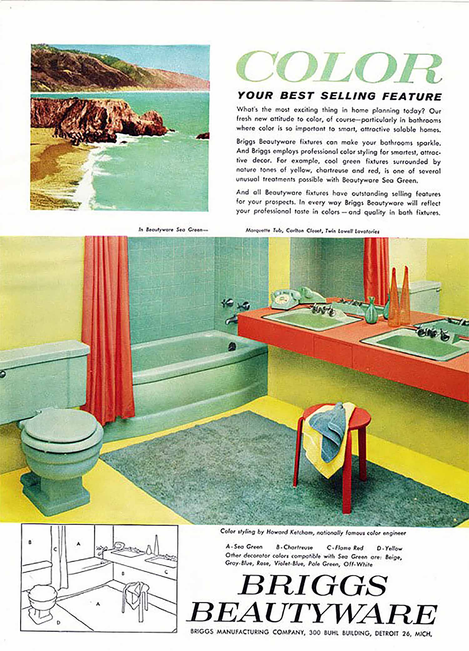 Image shows an advertisement for Briggs Beautyware. The image shows a bright bathroom with yellow walls and floors, and a green toilet and bathtub, and red curtains and counters.