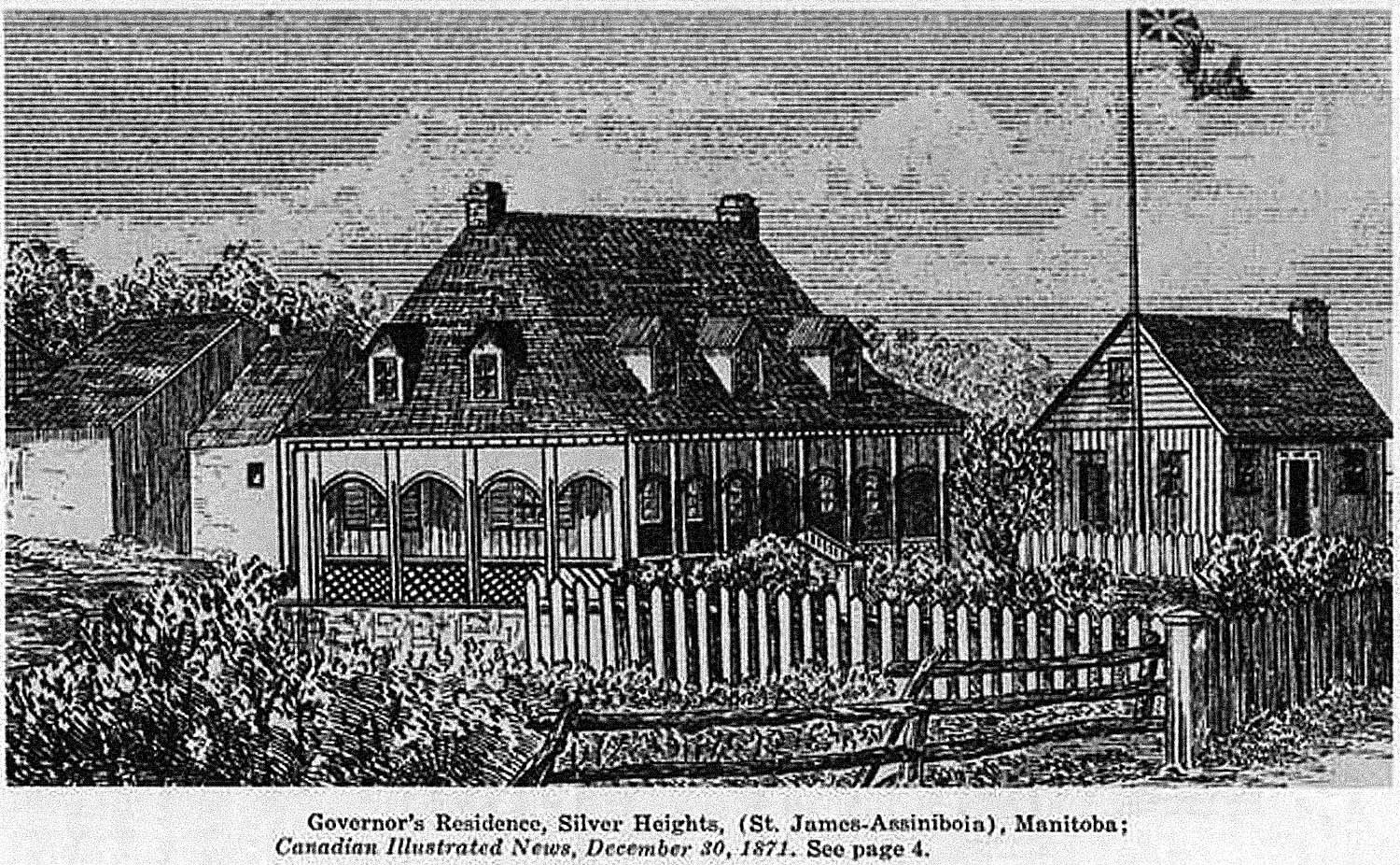 Image shows a black and white drawing of Governor's Residence in Silver Heights. The traditional and one-storey home is surrounded by greenery and a fence.