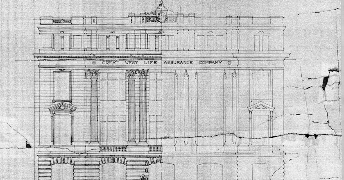 Detail of an exterior rendering for the Great West Life Building.