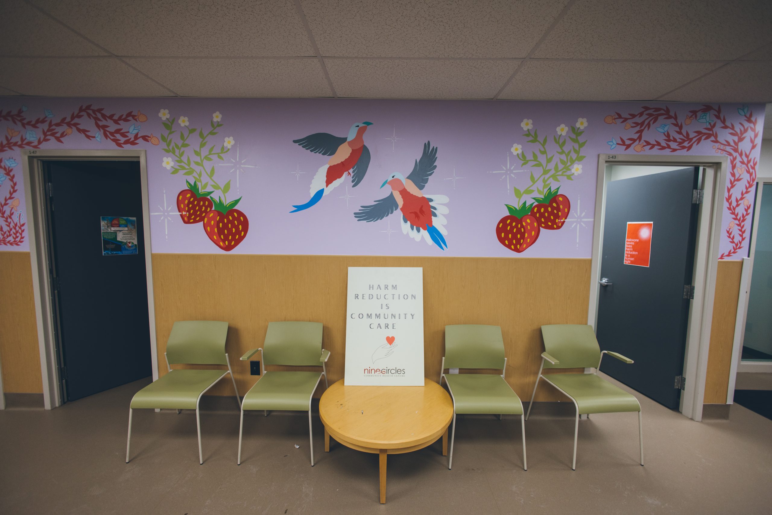 A photo of the mural inside the waiting room at Nine Circles Community Health Centre. The mural features pink and grey birds, strawberries, and flowering plants on a lavender background.
