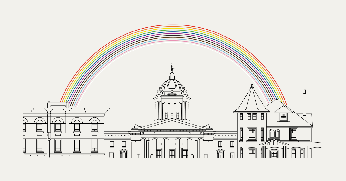 Line drawings of the exteriors of the Mount Royal Hotel, Manitoba Legislature, and the Rainbow Resource Centre underneath a rainbow.