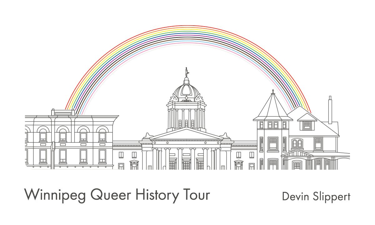 Line drawings of the exteriors of the Mount Royal Hotel, Manitoba Legislature, and the Rainbow Resource Centre underneath a rainbow.