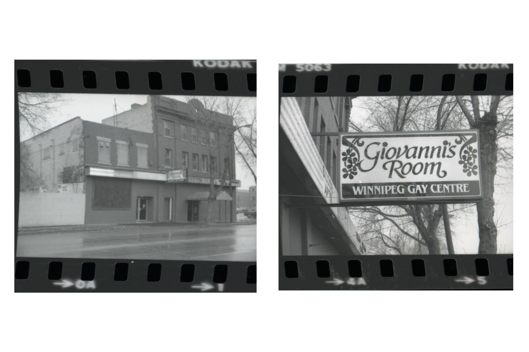 Two black-and-white negatives of the exterior of Giovanni's Room. There is a sign hanging off the side of the building that says "Giovanni's Room, Winnipeg Gay Centre".