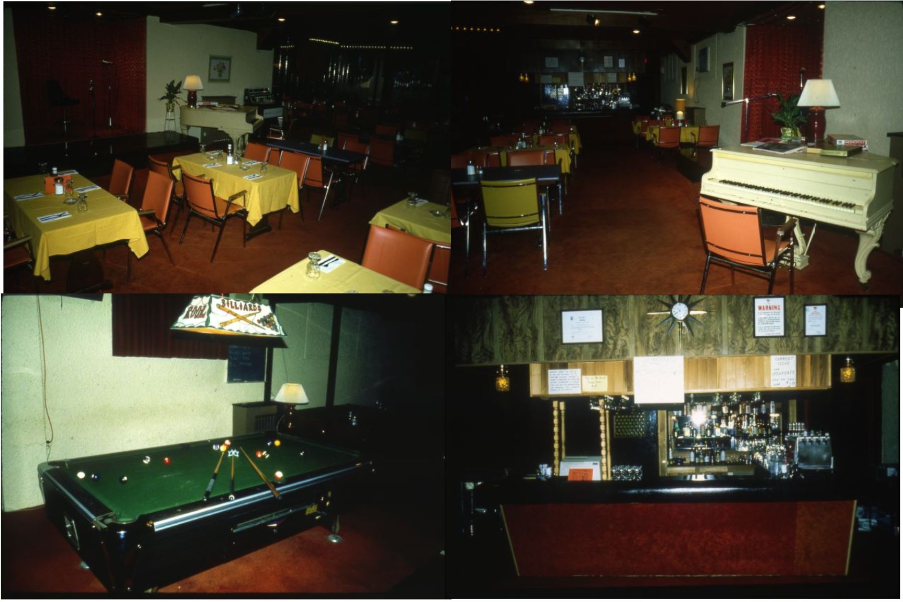 Four film photos of the interior of Giovanni's Room. The top two photos show tables and chairs and a piano. The bottom two photos show the bar and a pool table.