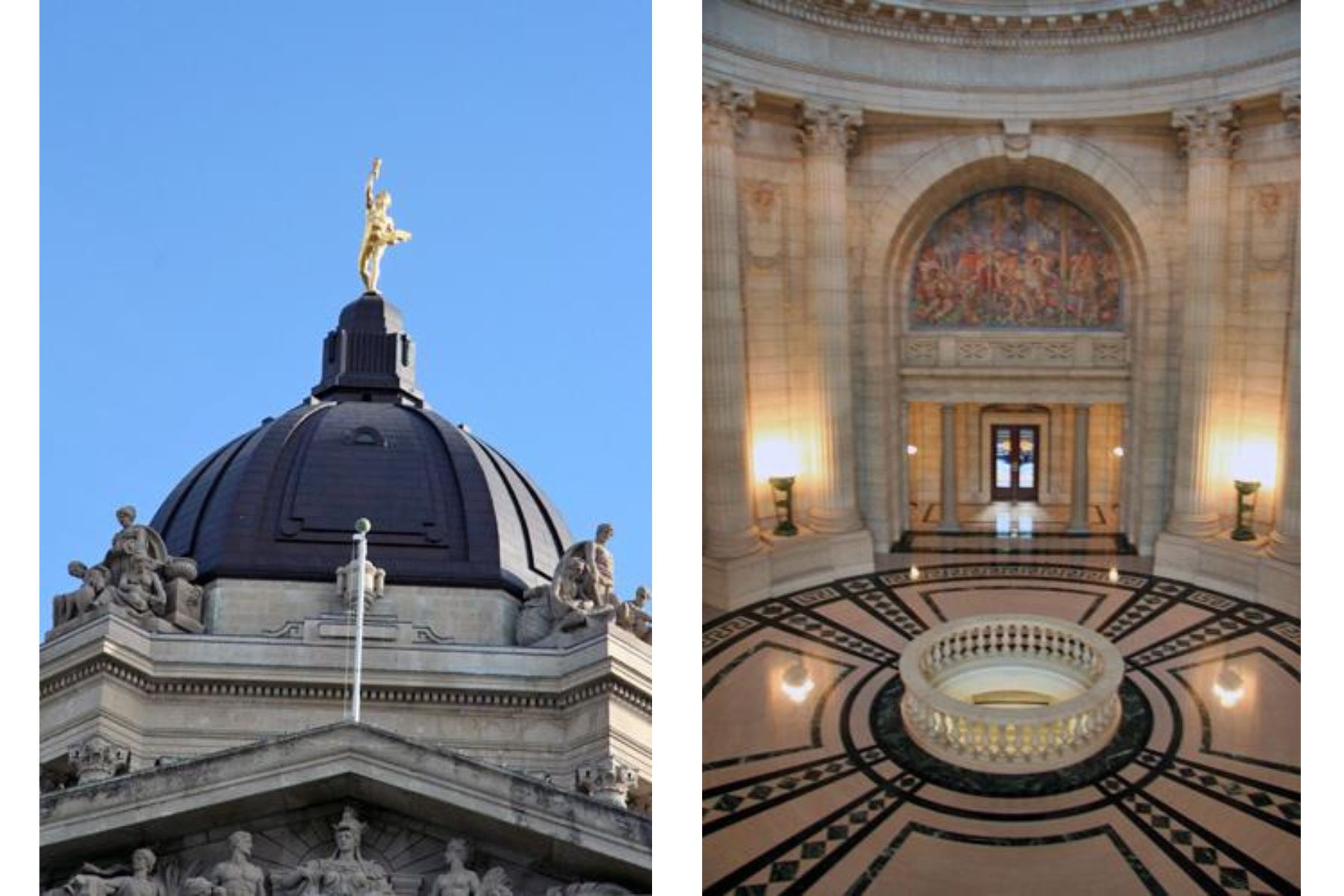 On the left is a photo of the Golden Boy on top of the Manitoba Legislative Building, and on the right is a photo of the interior of the Manitoba Legislative Building.